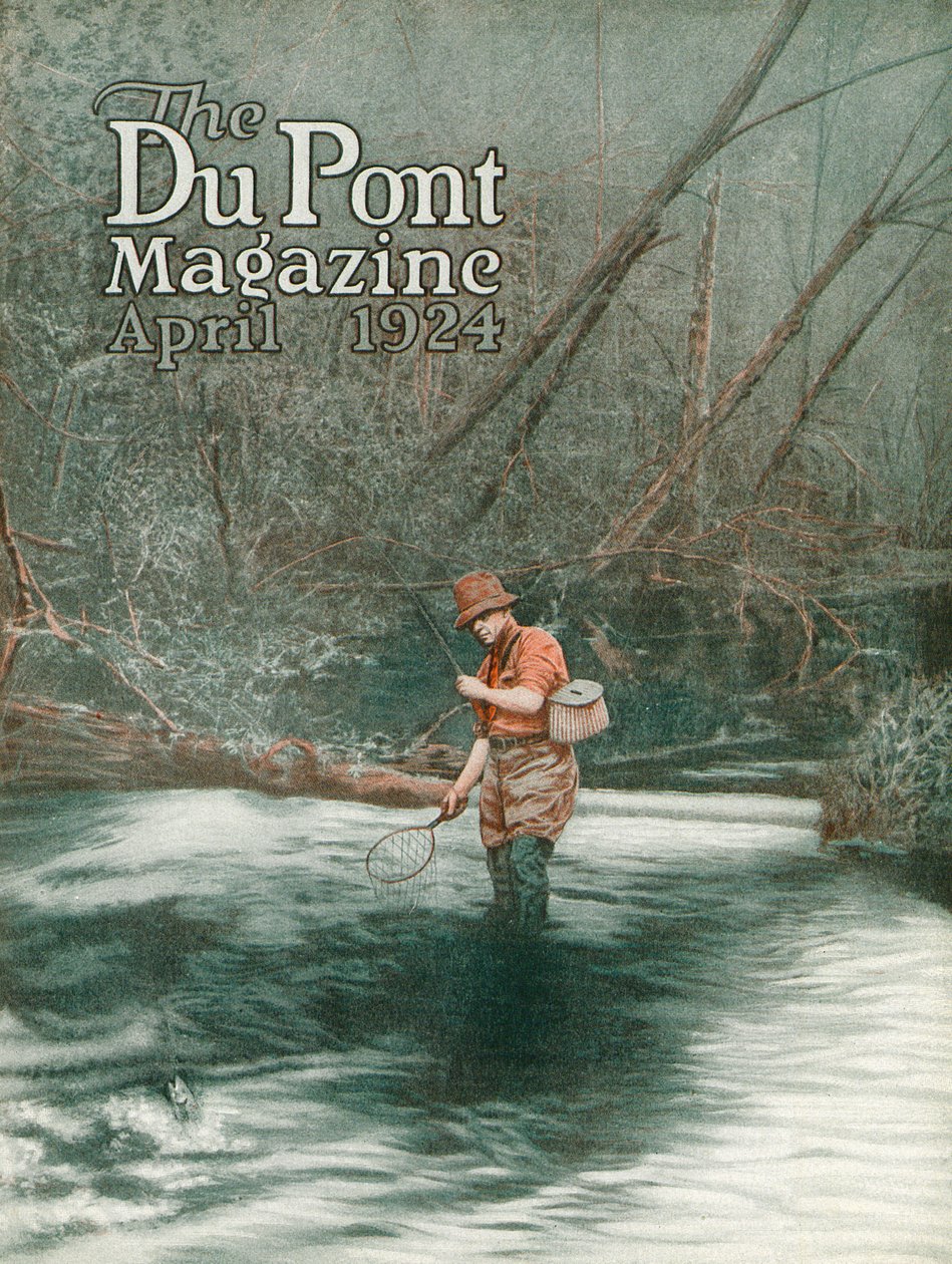 Pesca con mosca, portada de la revista DuPont, abril 1924 de American School