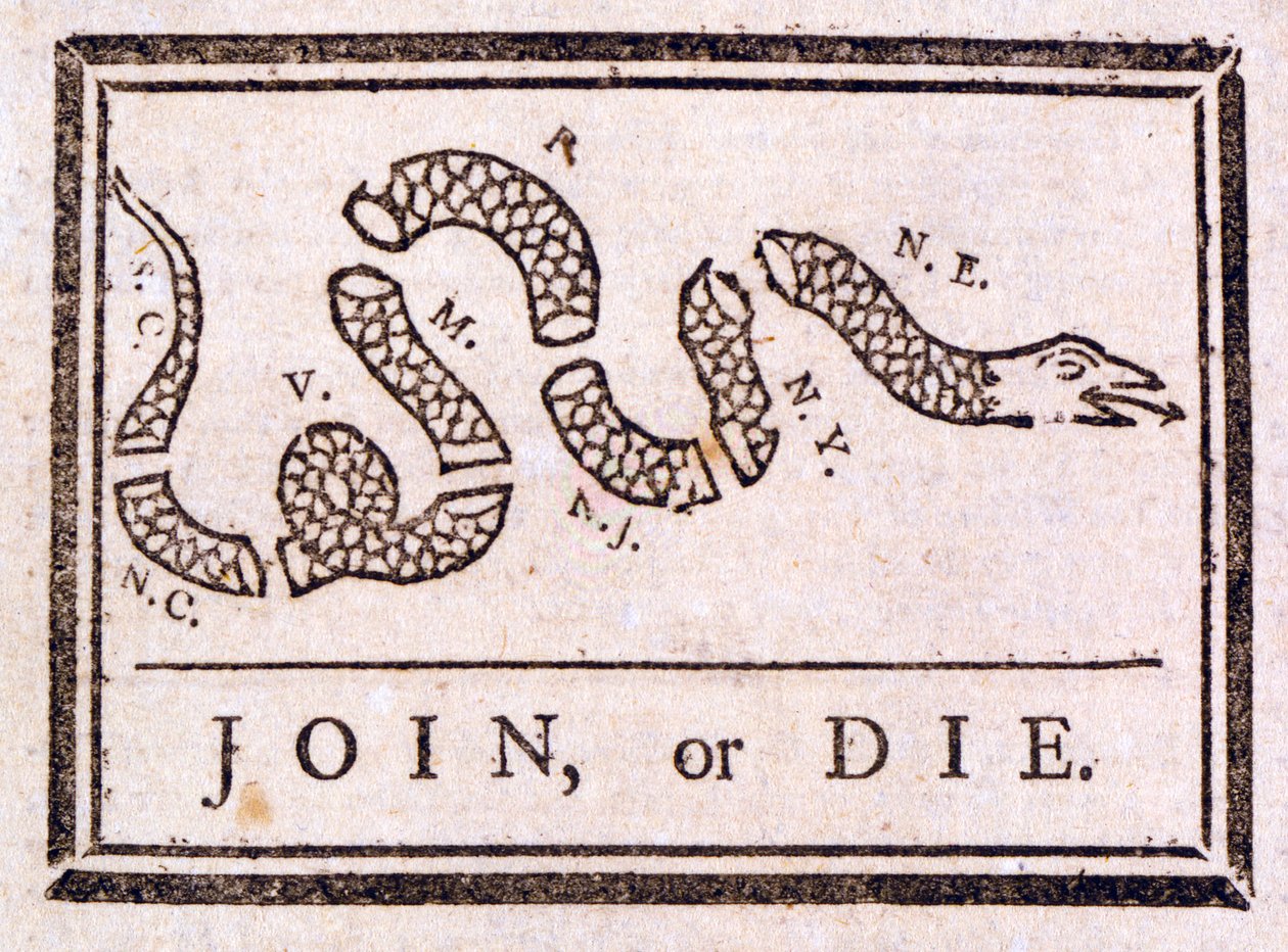 Únete o muere, exhortación de Benjamin Franklin, 1754 de American School