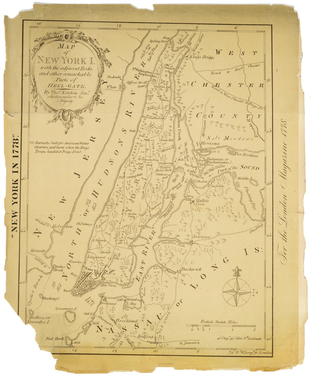 Mapa de la Isla de Nueva York con las rocas adyacentes y otras partes notables de Hell-Gate, 1778 (tinta negra sobre papel) de American School