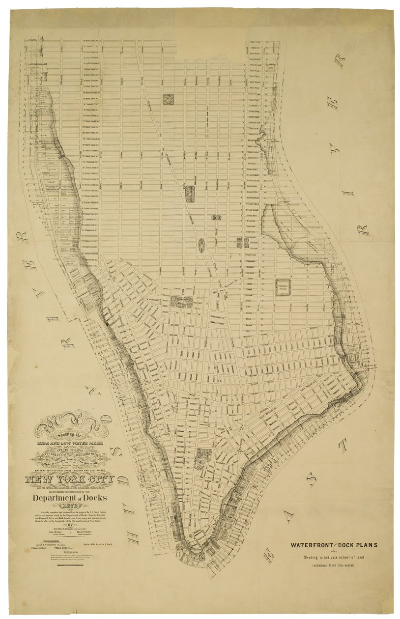 Mapa que muestra la marca de agua alta y baja y las concesiones originales de la ciudad de terrenos bajo el agua hechas a varias partes desde 1686 hasta 1873, extendiéndose desde Battery hasta la Calle Cincuenta y Uno, Judson y East Rivers de American School