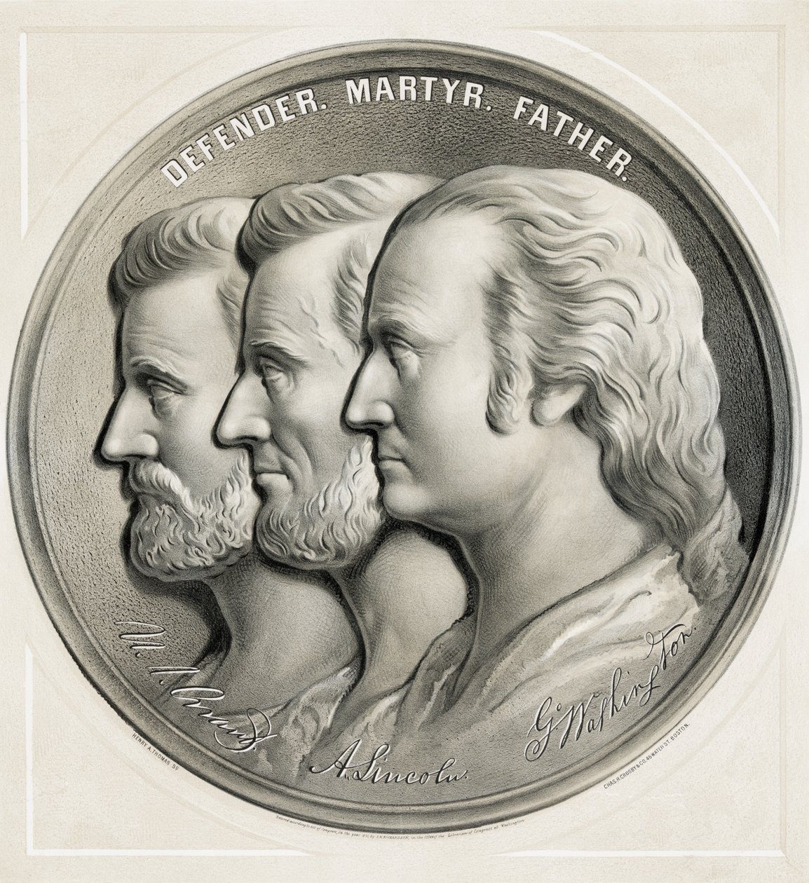 Medallón que muestra a Ulysses S. Grant, Abraham Lincoln y George Washington como Defensor, Mártir y Padre, 1870 de American School