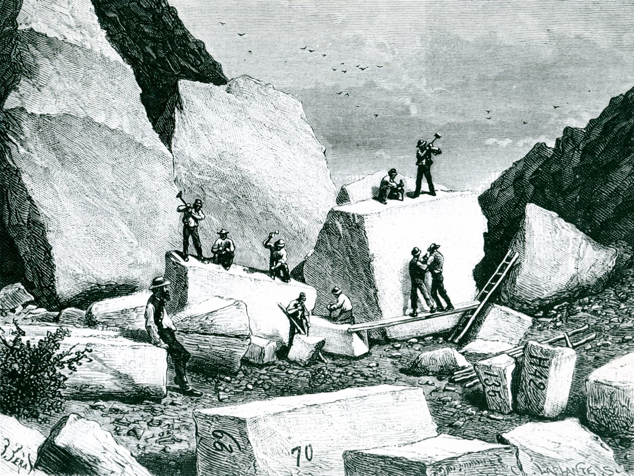 Mormones extrayendo granito para el Tabernáculo, dibujado por J. Ferat y grabado por C. Laplante de American School