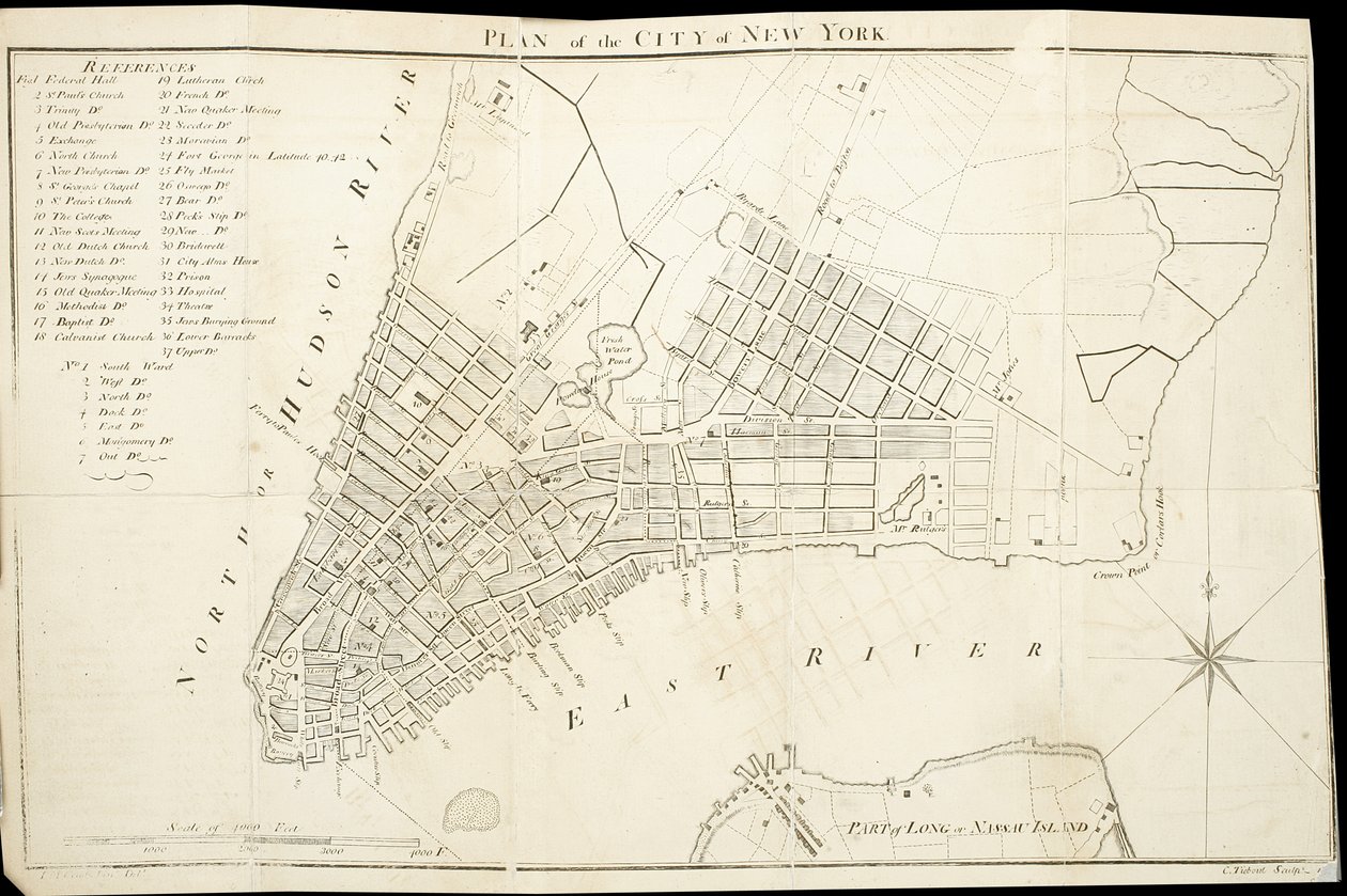 Plano de la Ciudad de Nueva York, grabado por Tiebout, 1789 de American School