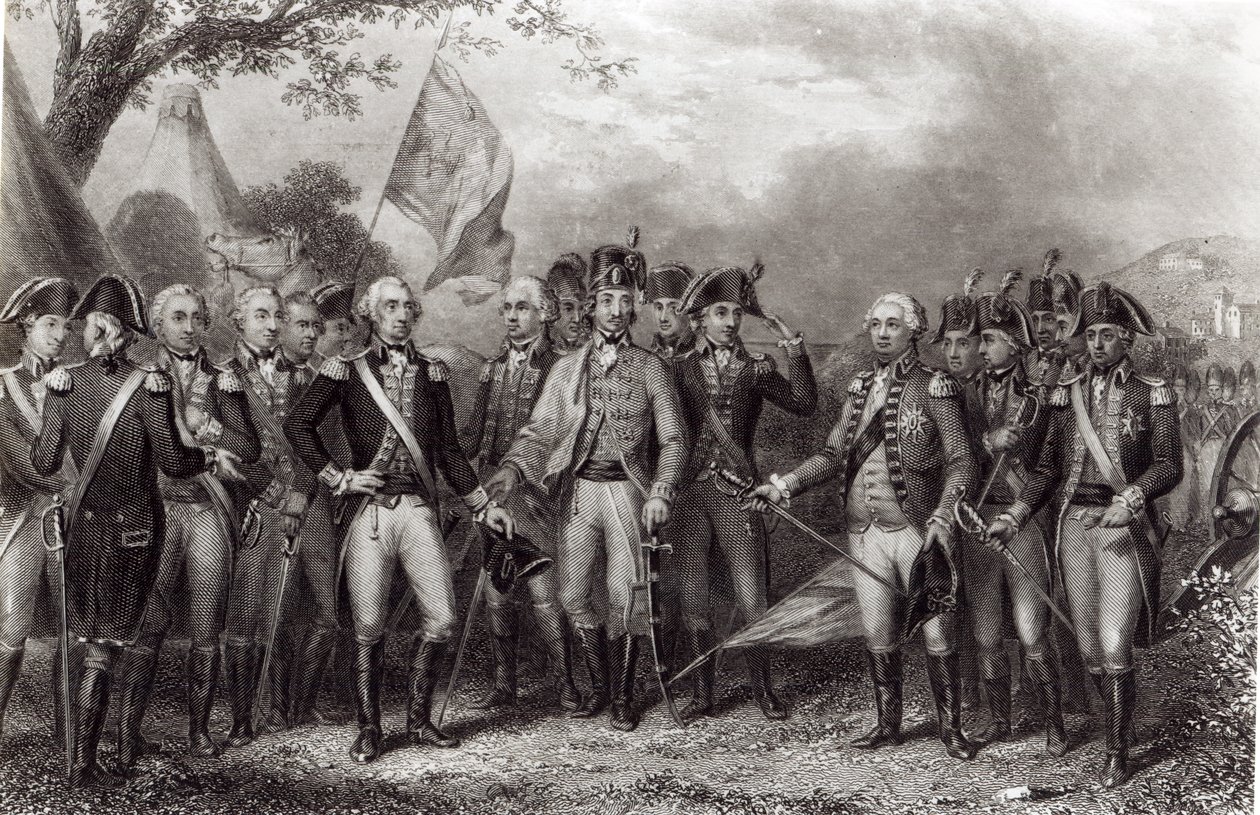 La Rendición de las Armas Británicas al General Washington, 19 de octubre de 1781, grabado por J. Stephenson de American School