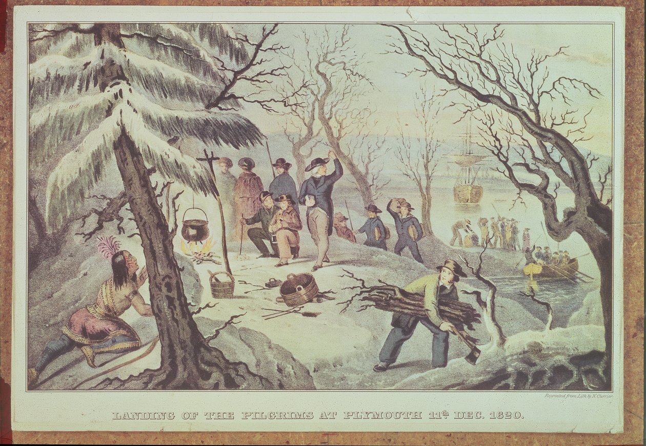 El desembarco de los peregrinos en Plymouth, 11 de diciembre de 1620, grabado por Nathaniel Currier de American School