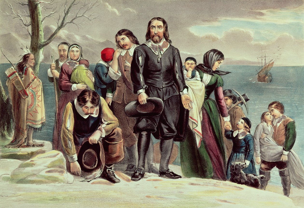 El desembarco de los peregrinos en Plymouth, Massachusetts, 22 de diciembre de 1620 publicado por Currier y Ives de American School