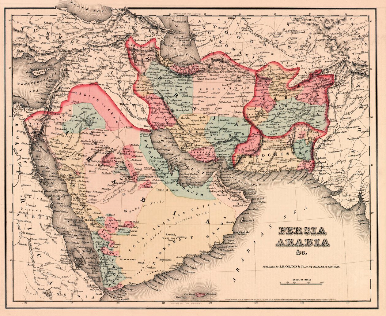 El Medio Oriente a mediados del siglo XIX, de Coltons General Atlas, edición de 1857 (grabado a mano) de American School