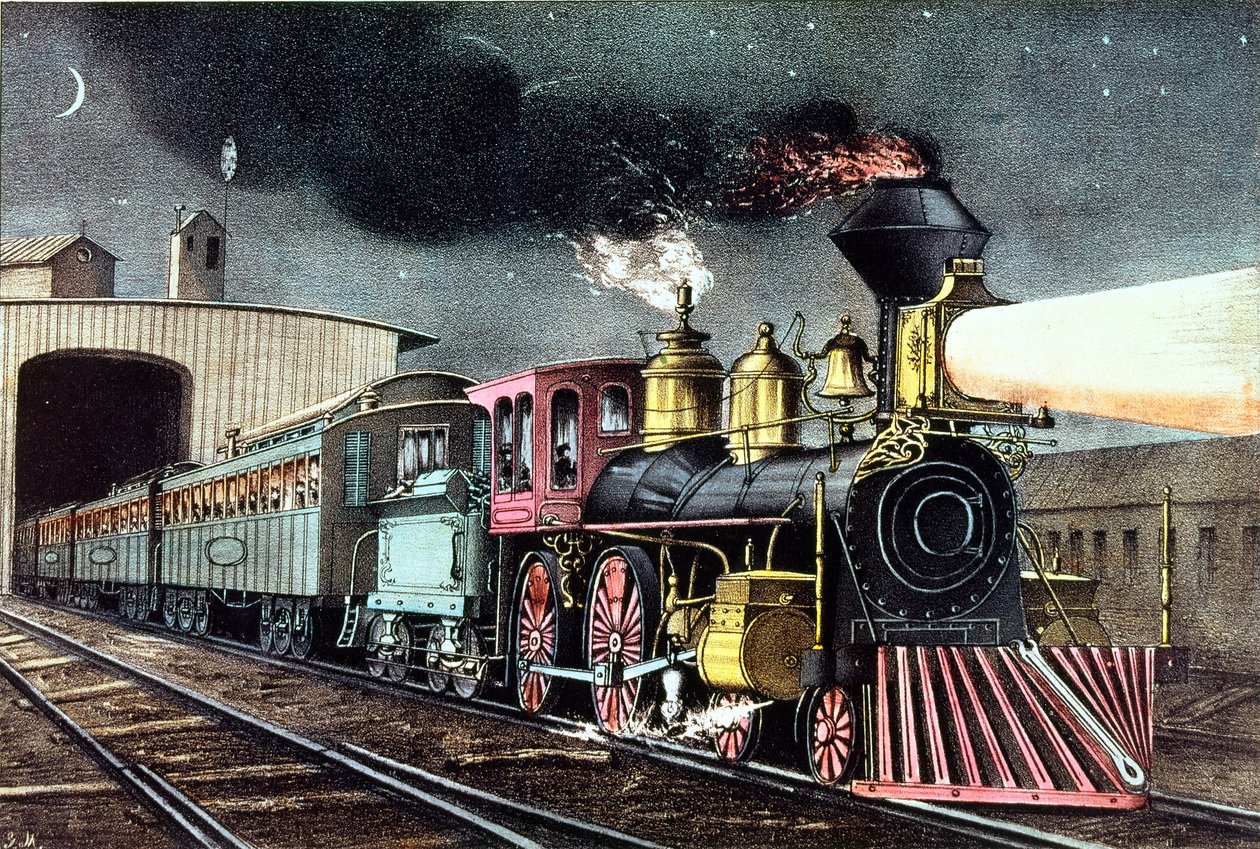 El Expreso Nocturno: La Salida, publicado por Nathaniel Currier (1813-88) y James Merritt Ives (1824-95) de American School