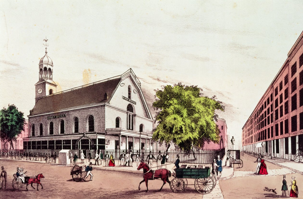 La oficina de correos, Nueva York, grabado por Nathaniel Currier (1813-88) de American School