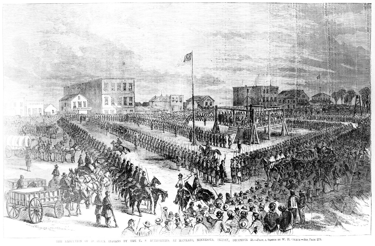 La ejecución de indios sioux por las autoridades estadounidenses en Mankato, Minnesota el viernes 26 de diciembre de 1862, de Frank Leslies Illustrated Newspaper, 24 de enero de 1863 de American School