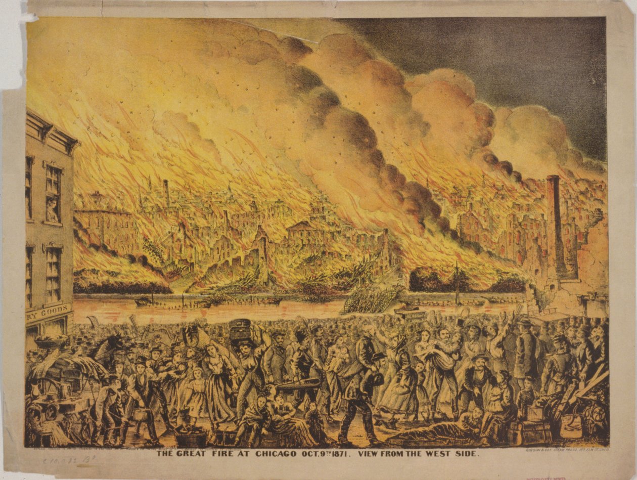 Vista del Gran Incendio de Chicago, 9 de octubre de 1871, desde el lado oeste de American School