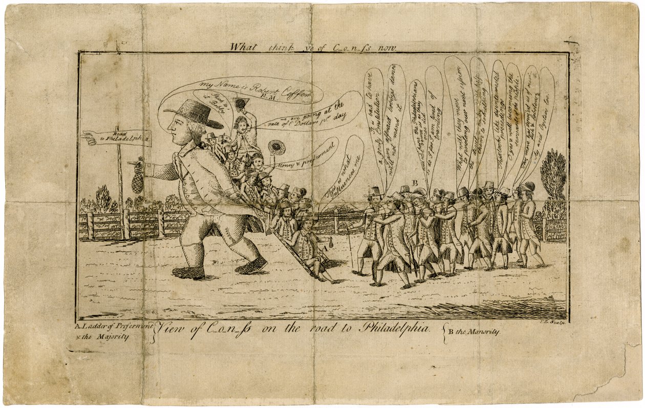 ¿Qué piensan ahora del Congreso? Vista del Congreso en camino a Filadelfia A. Escalera de Preferencia y la Mayoría--B. la Minoría, 1790 de American School