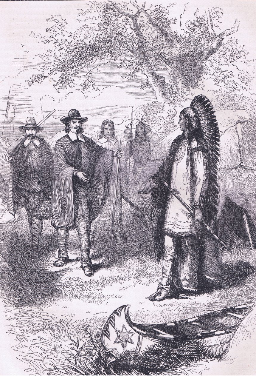 Visita de Winslow a Massaqit 1634, ilustración de la Historia de los Estados Unidos de Cassell, pub. por Petter & Galpin c.1890 de American School