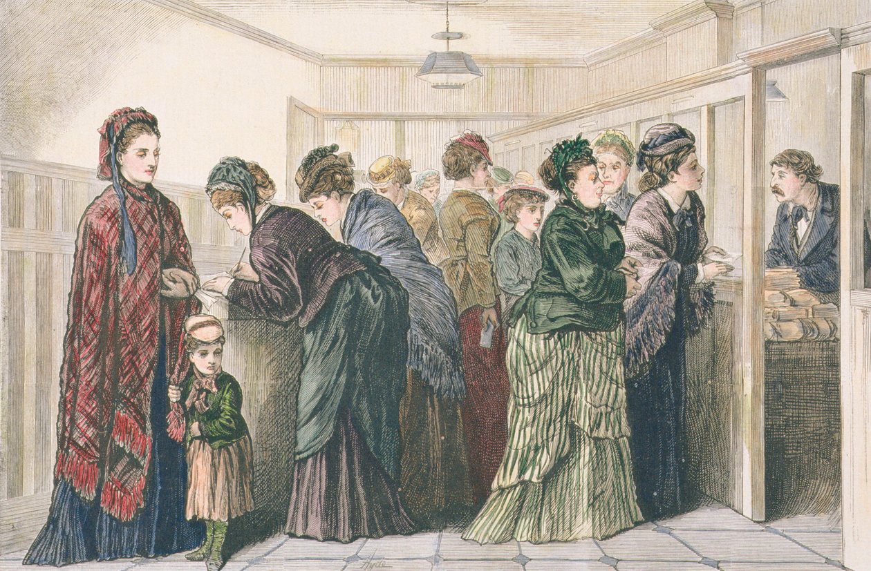 Mujeres en la oficina del periódico colocando anuncios de trabajo, Nueva York, 1874 de American School