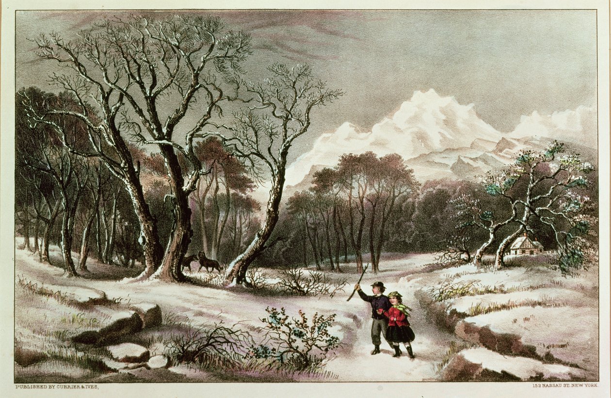 Bosques en invierno, publicado por Nathaniel Currier (1813-88) y James Merritt Ives (1924-95) de American School