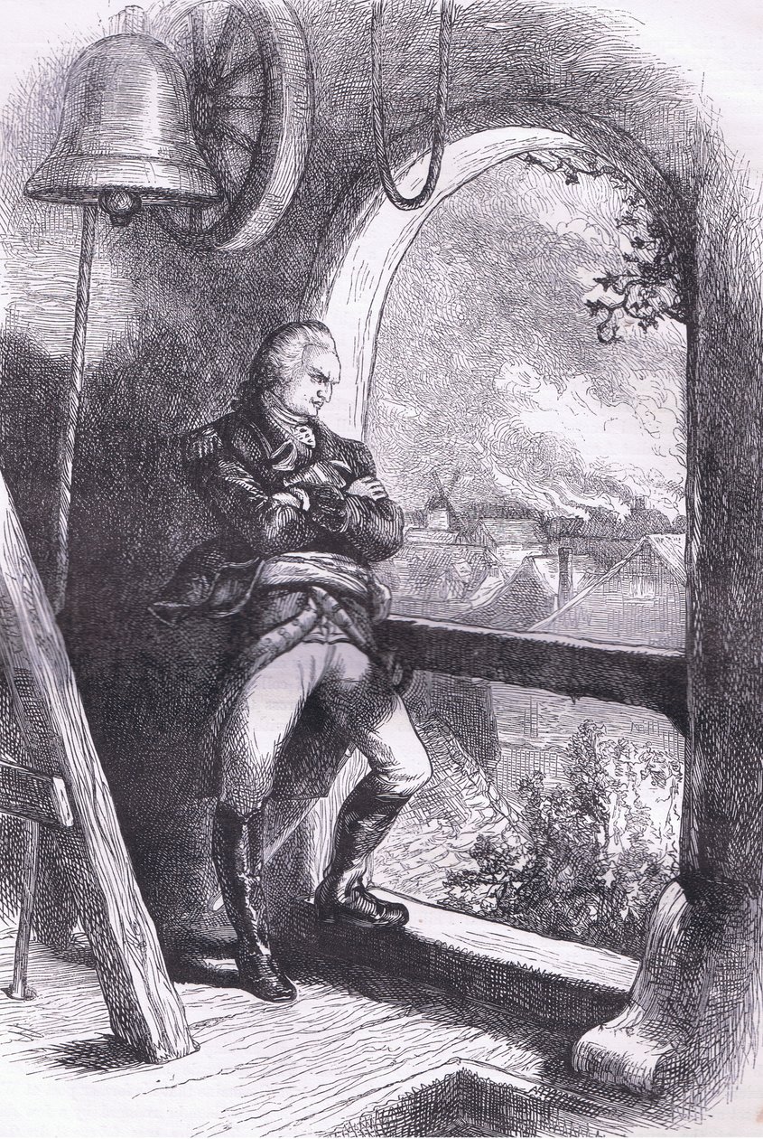 Arnold viendo la destrucción de Nueva Inglaterra, ilustración de la Historia de los Estados Unidos de Cassell publicada por Cassell, Petter & Galpin, c.1900 de American English school