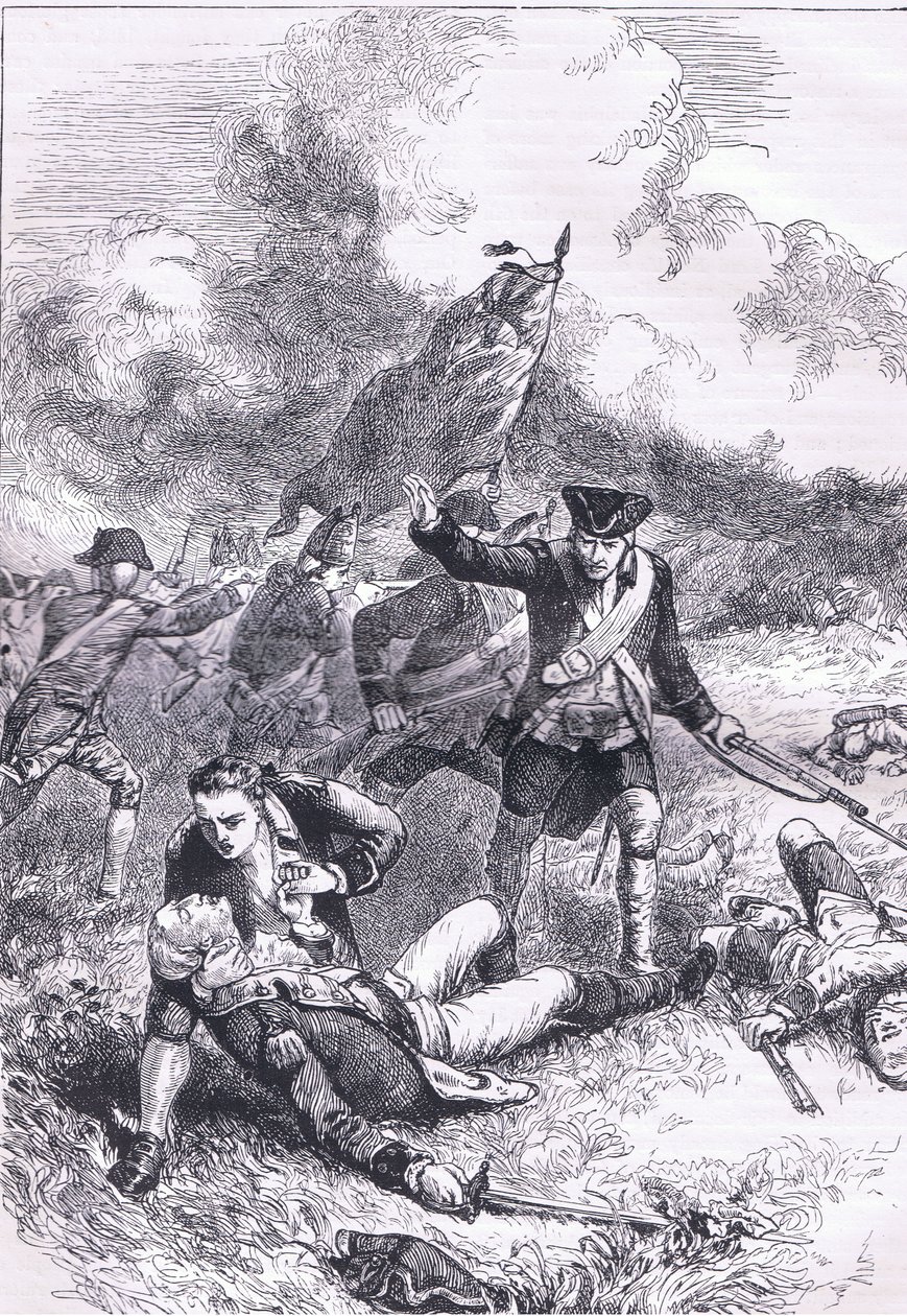 Muerte del Mayor Pitcairn, ilustración de la Historia de los Estados Unidos de Cassell publicada por Cassell, Petter & Galpin, c.1900 (litografía) de American English school