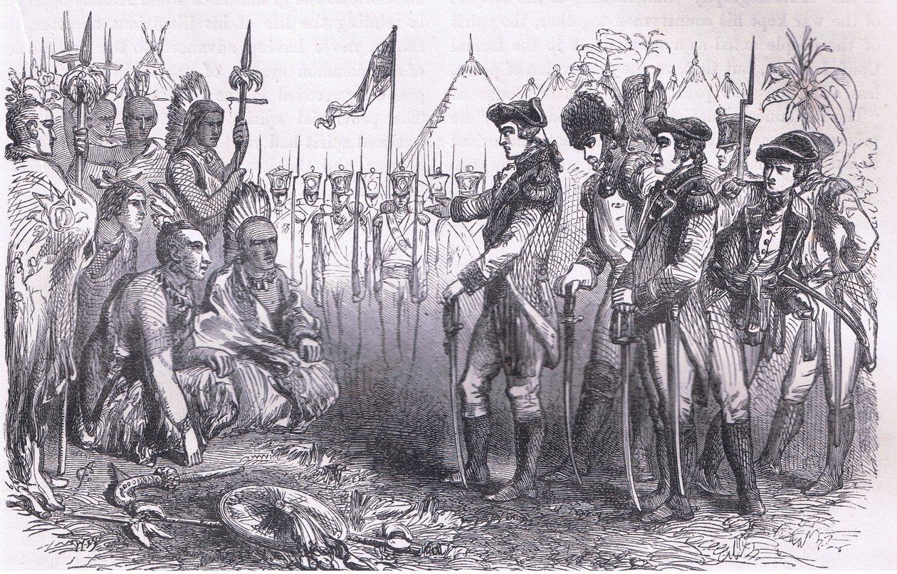 El General Burgoyne dirigiéndose a los indios, ilustración de la Historia de los Estados Unidos de Cassell publicada por Cassell, Petter & Galpin, c.1900 (litografía) de American English school