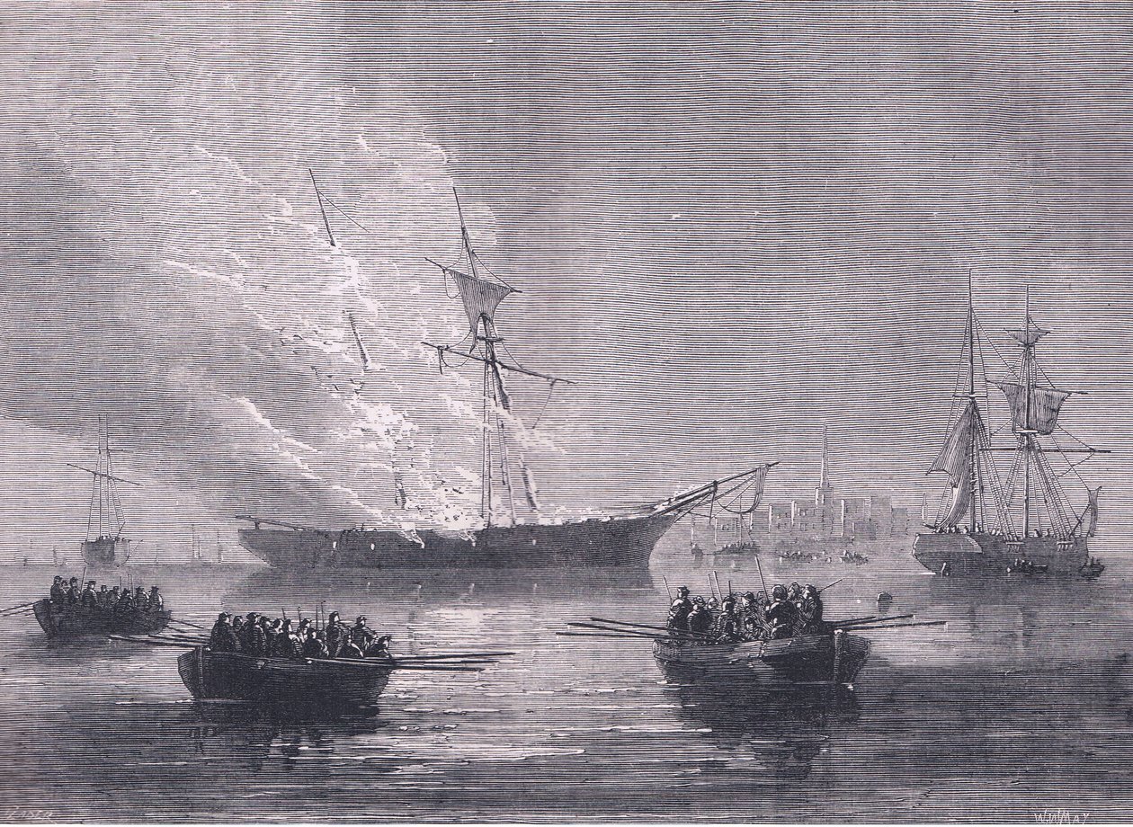La quema de Gaspe, ilustración de la Historia de los Estados Unidos de Cassell de American English school