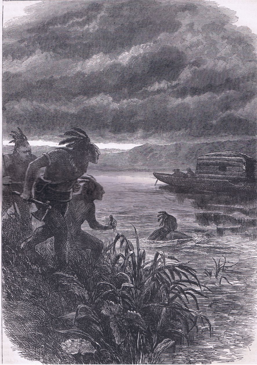 Comerciantes en el Ohio atacados por salvajes, ilustración de la Historia de los Estados Unidos de Cassell de American English school