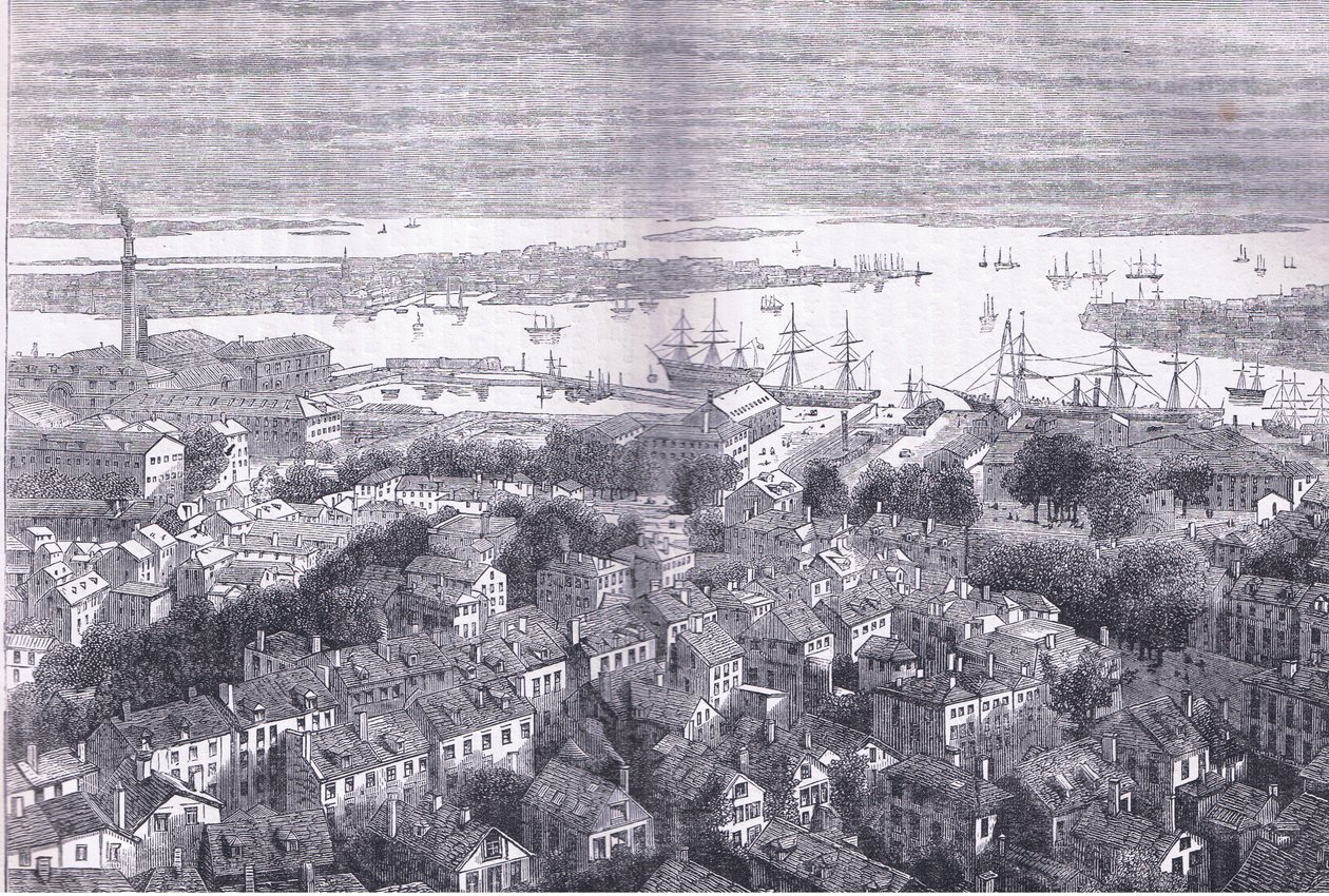 Vista de Boston desde Bunkers Hill, ilustración de la Historia de los Estados Unidos de Cassell publicada por Cassell, Petter & Galpin, c.1900 (litografía) de American English school