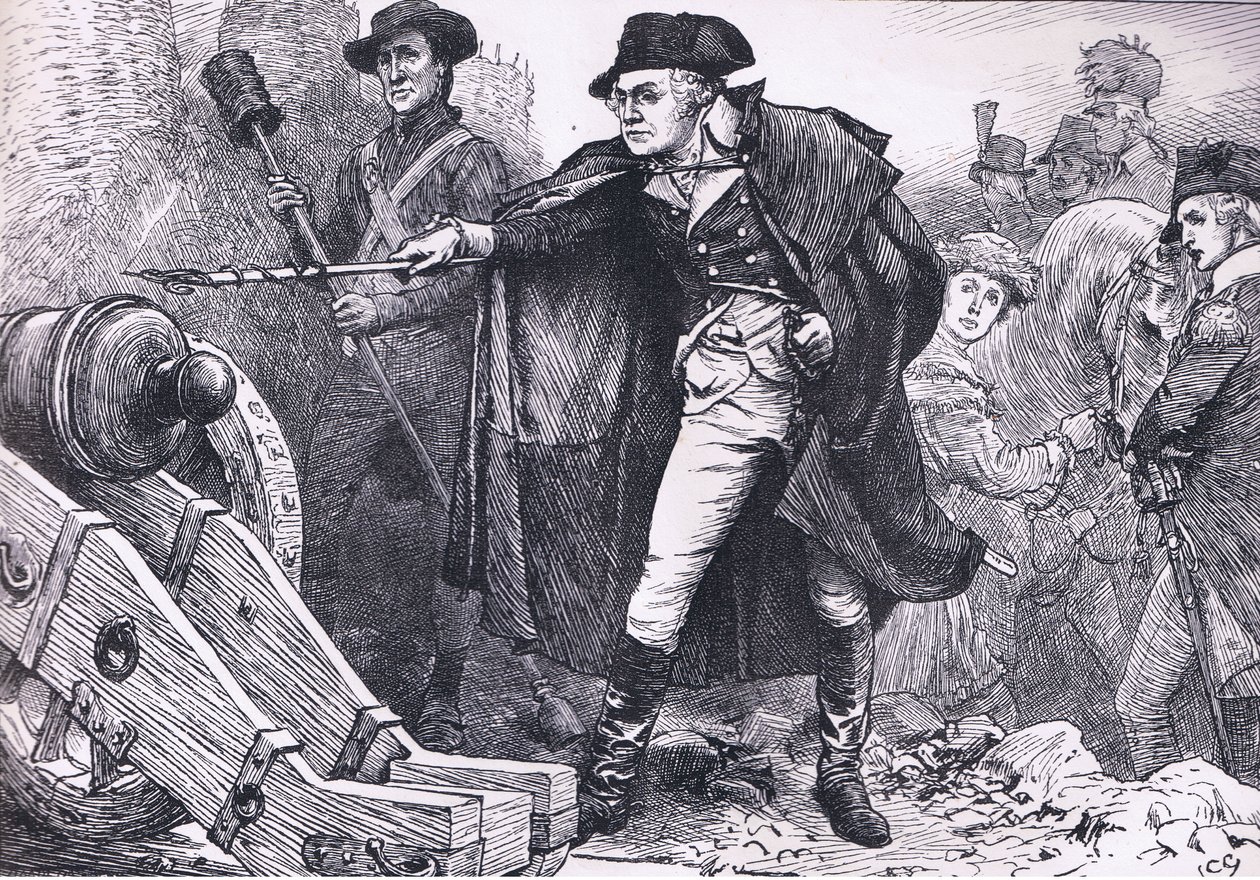Washington en el sitio de Yorktown, ilustración de Cassells History of the United States publicada por Cassell, Petter & Galpin, c.1900 (litografía). de American English school