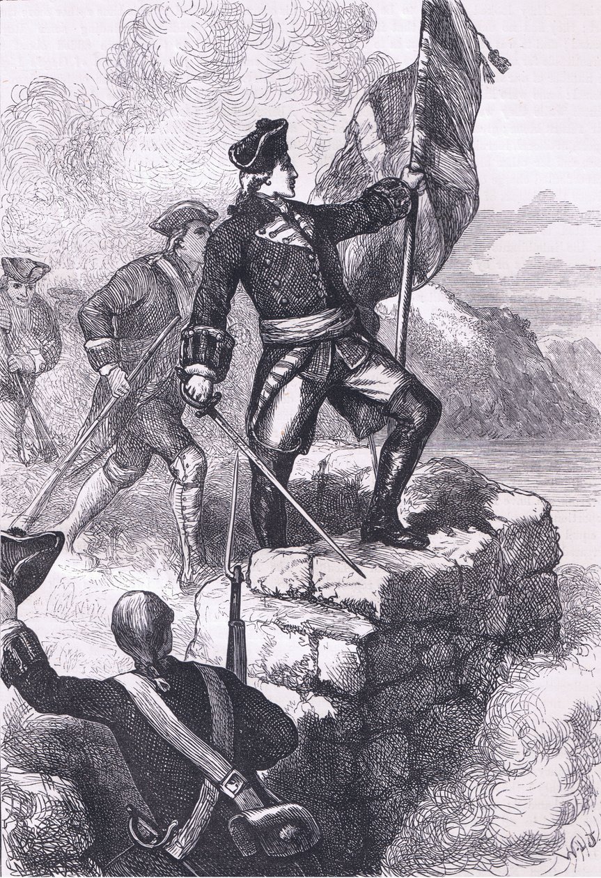 Washington plantando la bandera británica en el Fuerte Duquesne, ilustración de la Historia de los Estados Unidos de Cassell publicada por Cassell, Petter & Galpin, c.1900 (litografía) de American English school