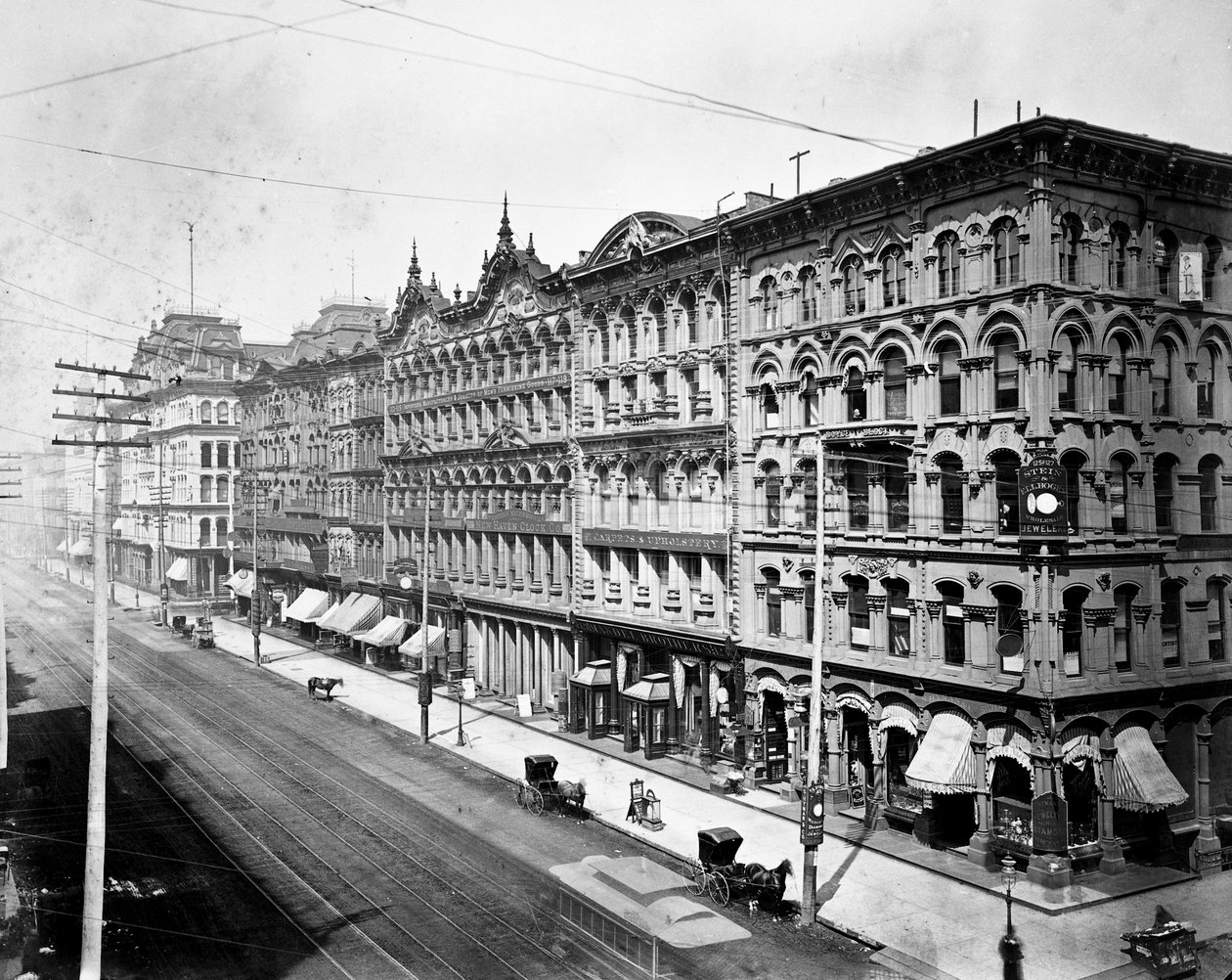Lado este de State Street mirando al norte desde Madison Street, Chicago, c.1878 de American Photographer