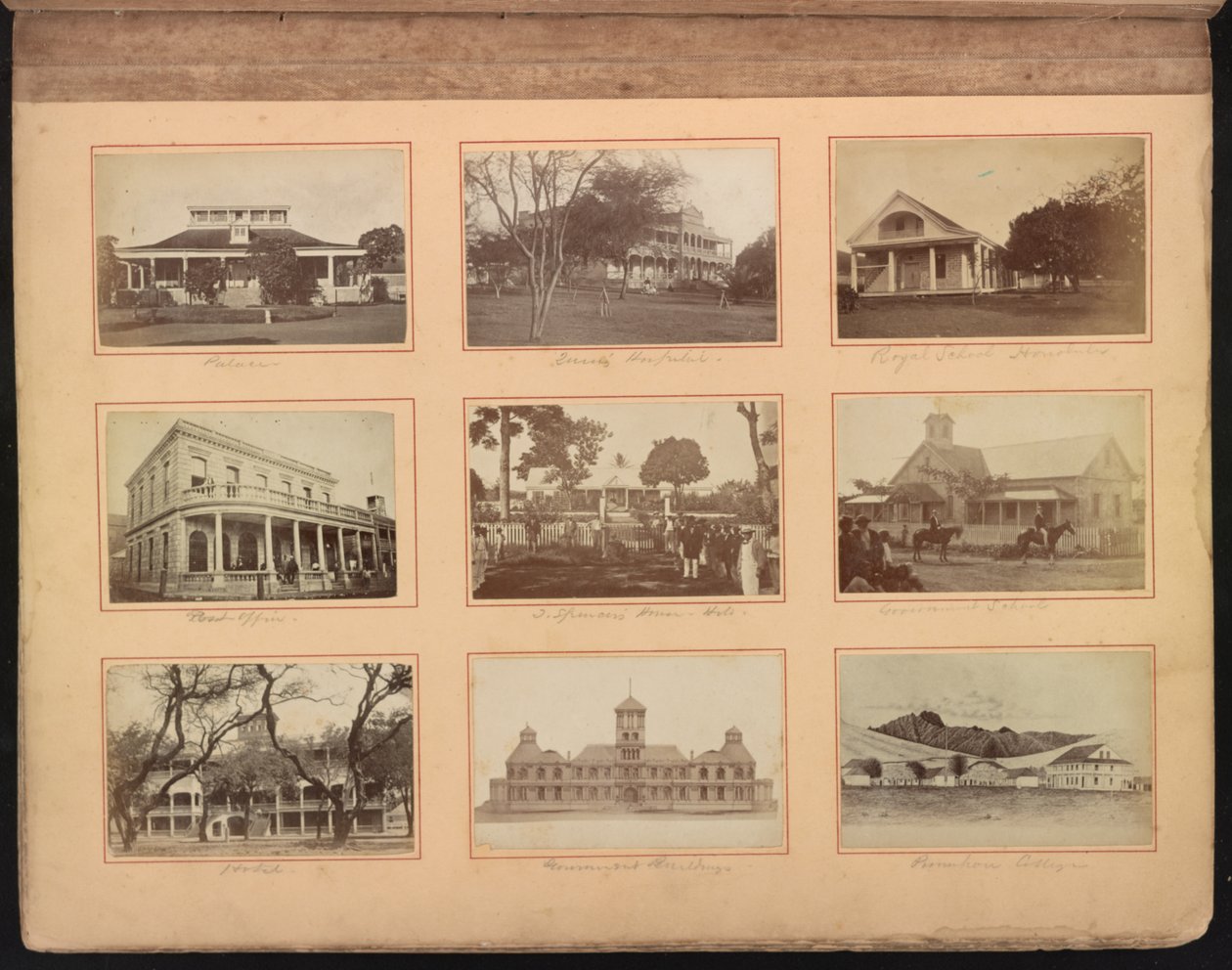 Álbum de Hawái, p. 12, escuelas y otros edificios, incluido el Hospital de la Reina (centro superior), c.1880 de American Photographer