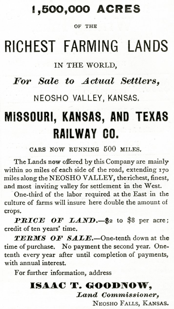 1,500,000 Acres de las Tierras de Cultivo Más Ricas del Mundo, en el Valle de Neosho, Kansas, anuncio de Appletons Journal, 4 de mayo de 1872 de American School