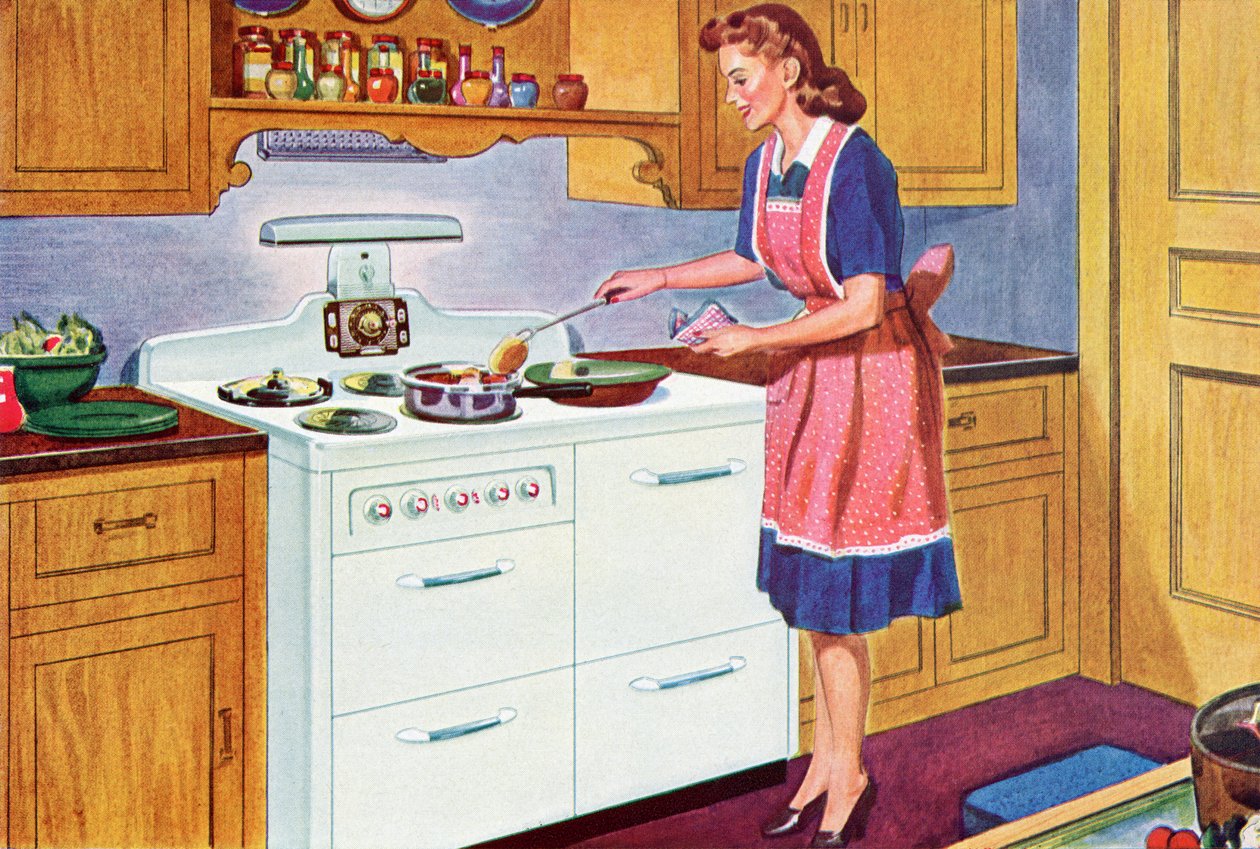Ama de casa de los años 40 cocinando la cena en su cocina de ensueño de American School