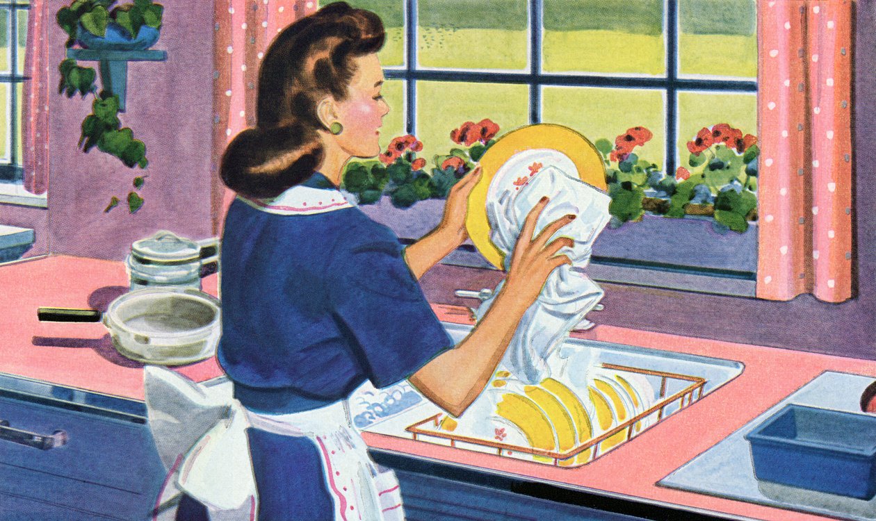 Un ama de casa de los años 40 lava los platos en la cocina de sus sueños de American School