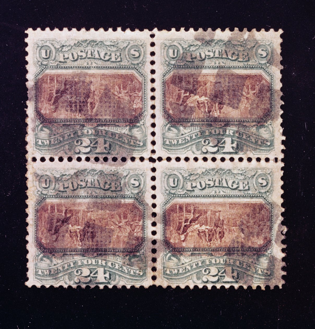 Bloque de cuatro de la firma de la Declaración de Independencia de 24 centavos, 1869 de American School