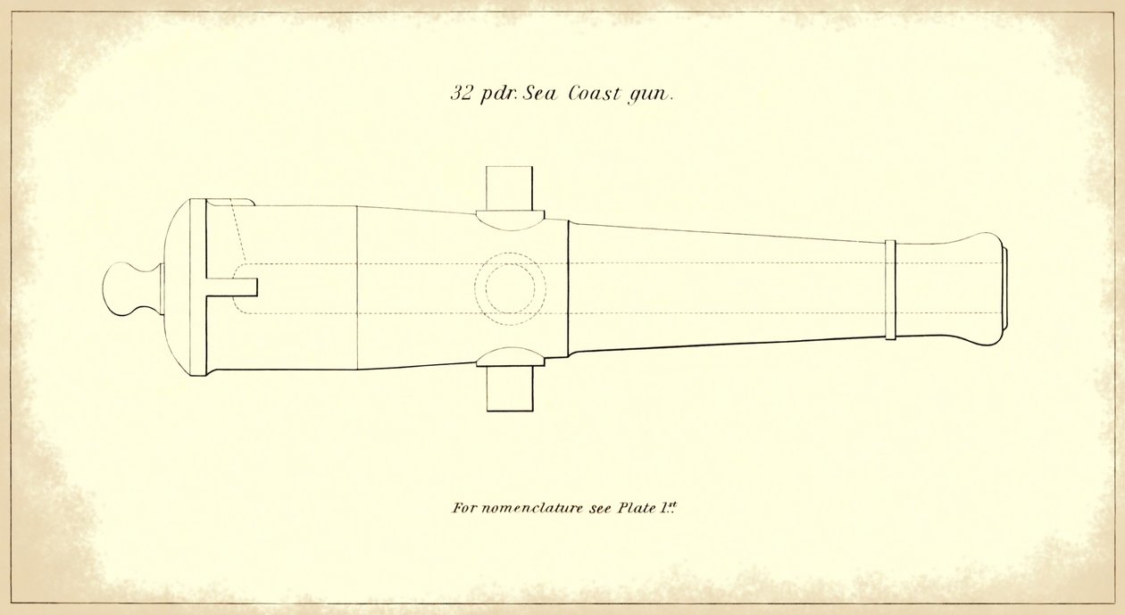 Cañón de costa de 32 libras, tomado del manual oficial de Instrucción para Artillería Pesada del Ejército de EE.UU., 1850-51 de American School