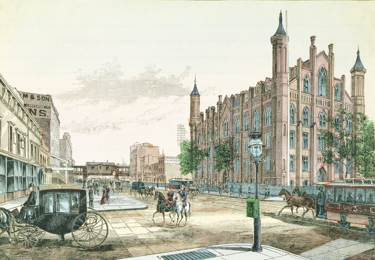 3ª Avenida y Calle 23, Estación de Ferrocarril Elevado y el Colegio de la Ciudad de Nueva York, de 36 Vistas de Nueva York y sus Alrededores, publicado por Charles Magnus de American School