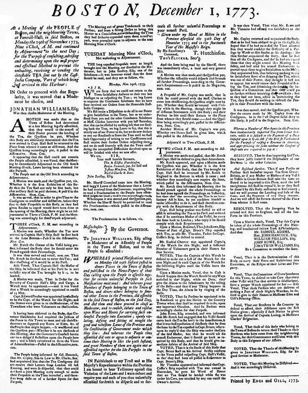 Un periódico detallando los eventos de la Fiesta del Té de Boston, diciembre de 1773 de American School