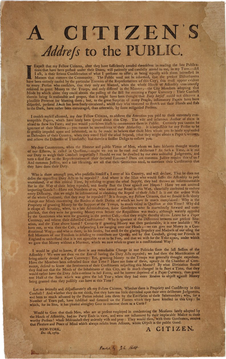 Discurso de un ciudadano al público re: apoyo a las tropas reales, 18 de diciembre de 1769 de American School