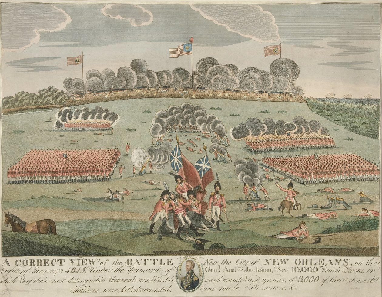 Una vista correcta de la batalla cerca de la ciudad de Nueva Orleans, pub. c.1815 de American School