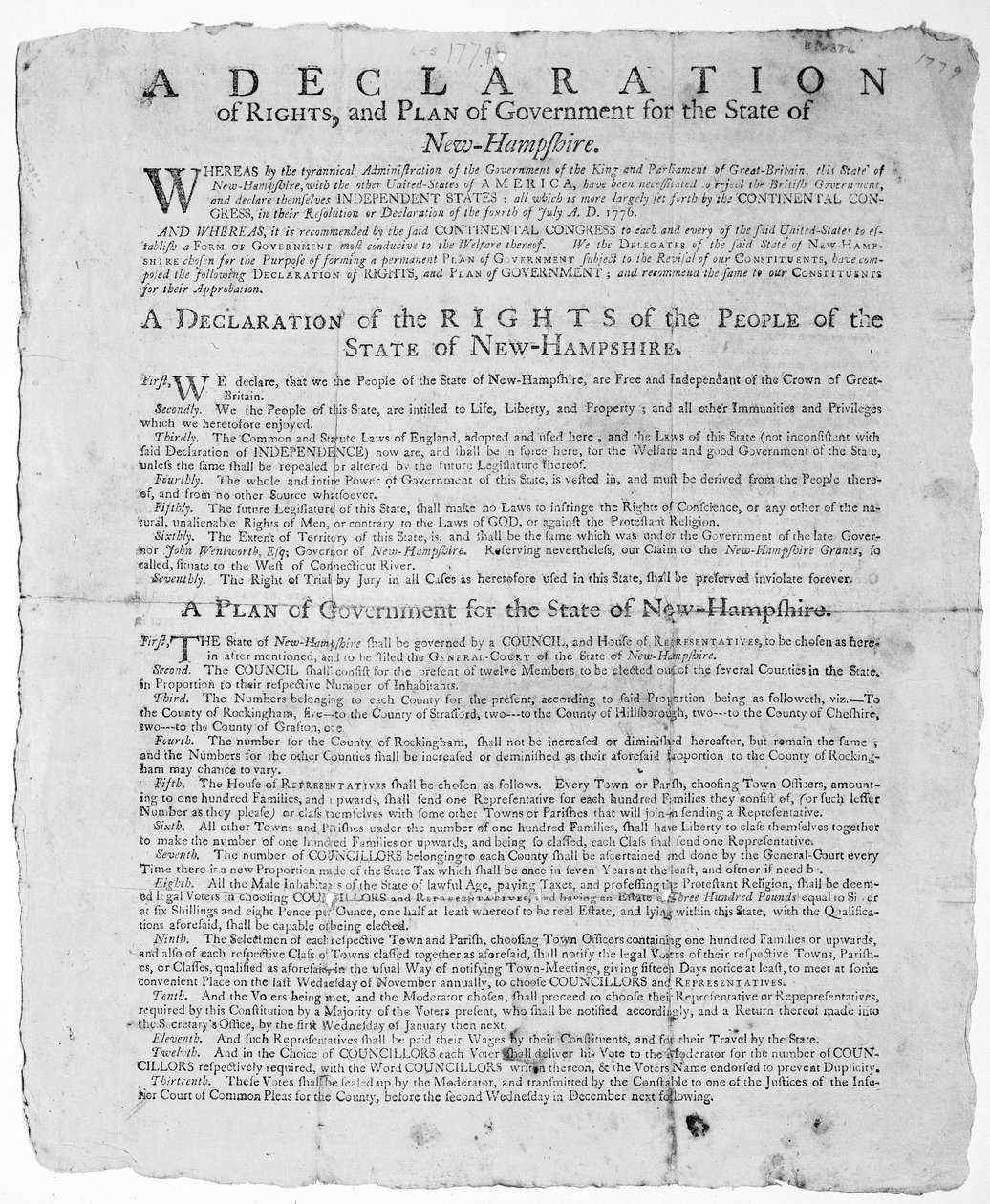 Declaración de derechos y plan de gobierno para el estado de New Hampshire, 1779 de American School