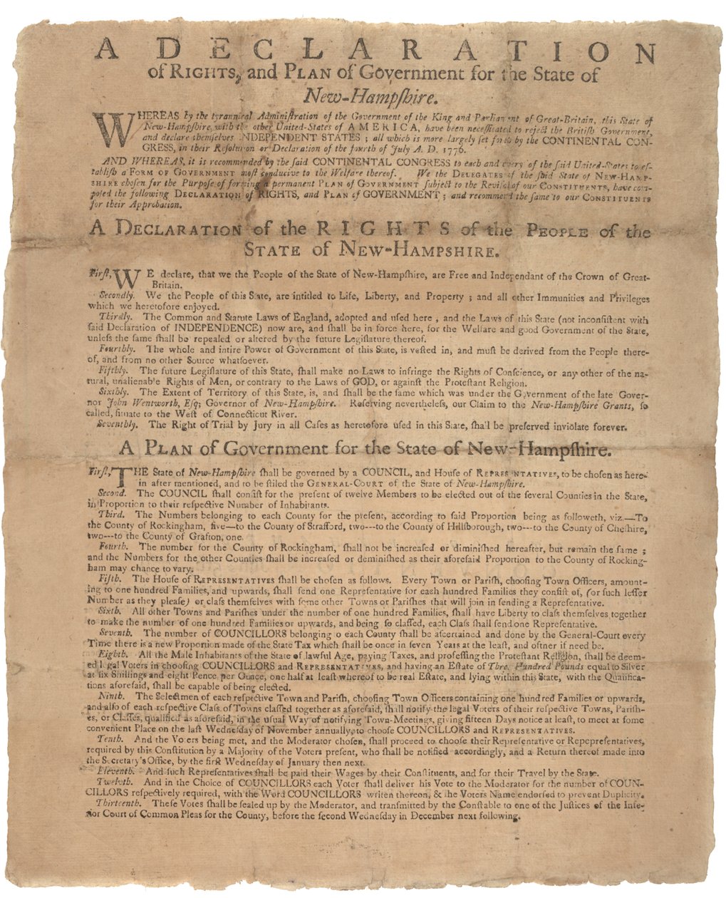 Una Declaración de Derechos, y una súplica de gobierno para el Estado de New Hampshire, 1779 de American School
