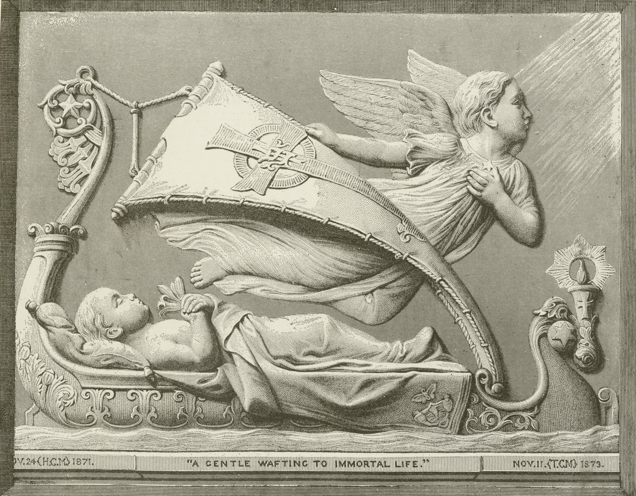 "Un suave soplo hacia la vida inmortal", de la escultura de F. M. Miller (grabado). de American School
