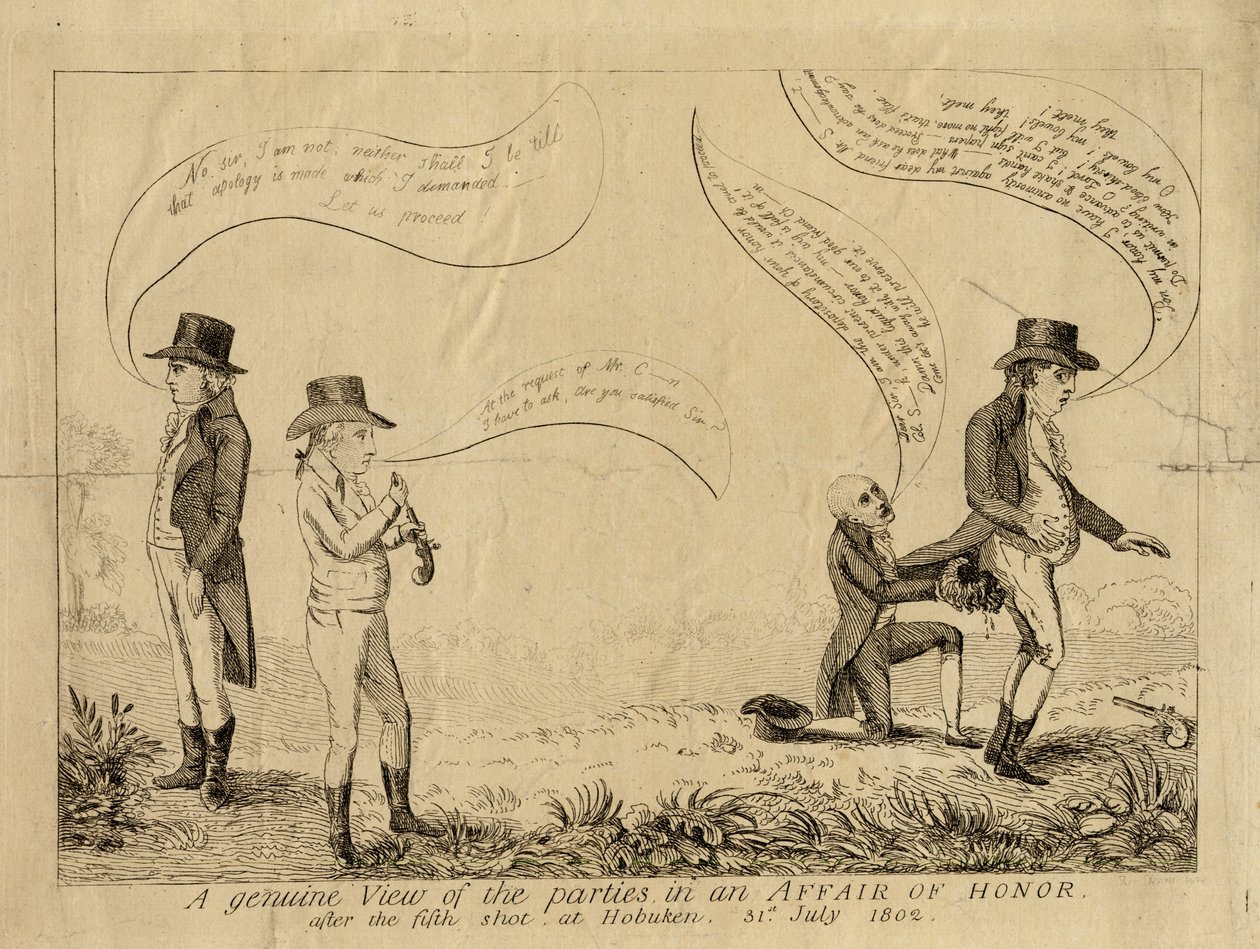 Una vista genuina de las partes en un asunto de honor después del quinto disparo en Hoboken, 31 de julio de 1802 de American School
