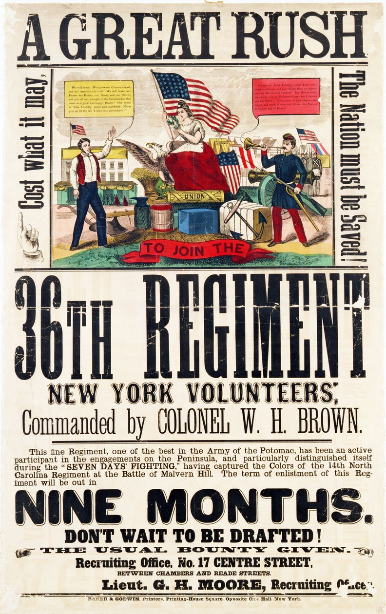 Una gran prisa, cartel de reclutamiento para el 36º Regimiento, publicado por Baker & Goodwin de American School
