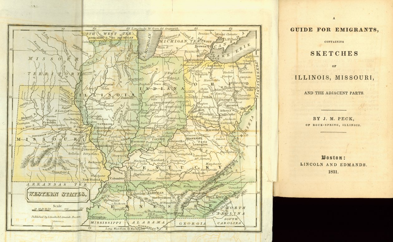 Guía para emigrantes, que contiene bocetos de Illinois, Missouri y las partes adyacentes, por J.M. Peck, publicado por Lincoln and Edmands, Boston, 1831 de American School