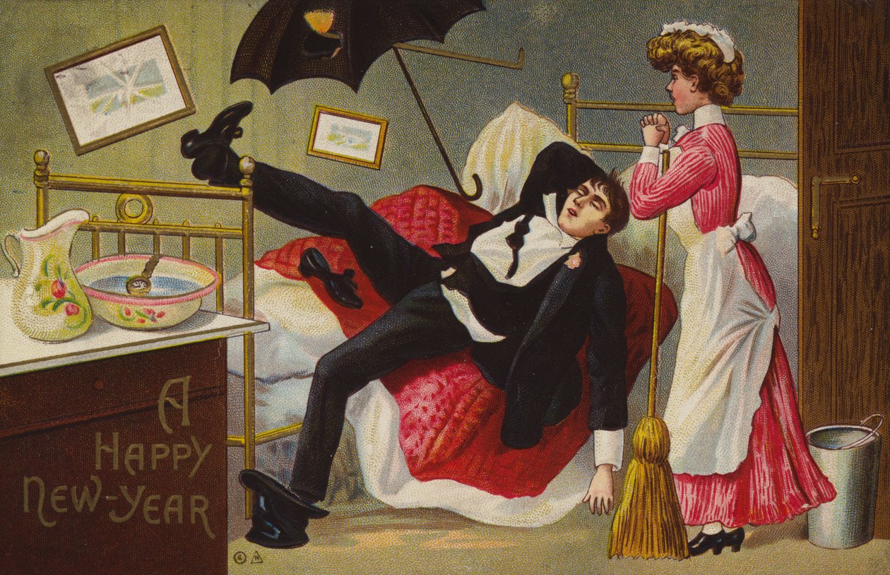 Feliz Año Nuevo, Hombre borracho en su cama, Doncella mirando (litografía en color) de American School