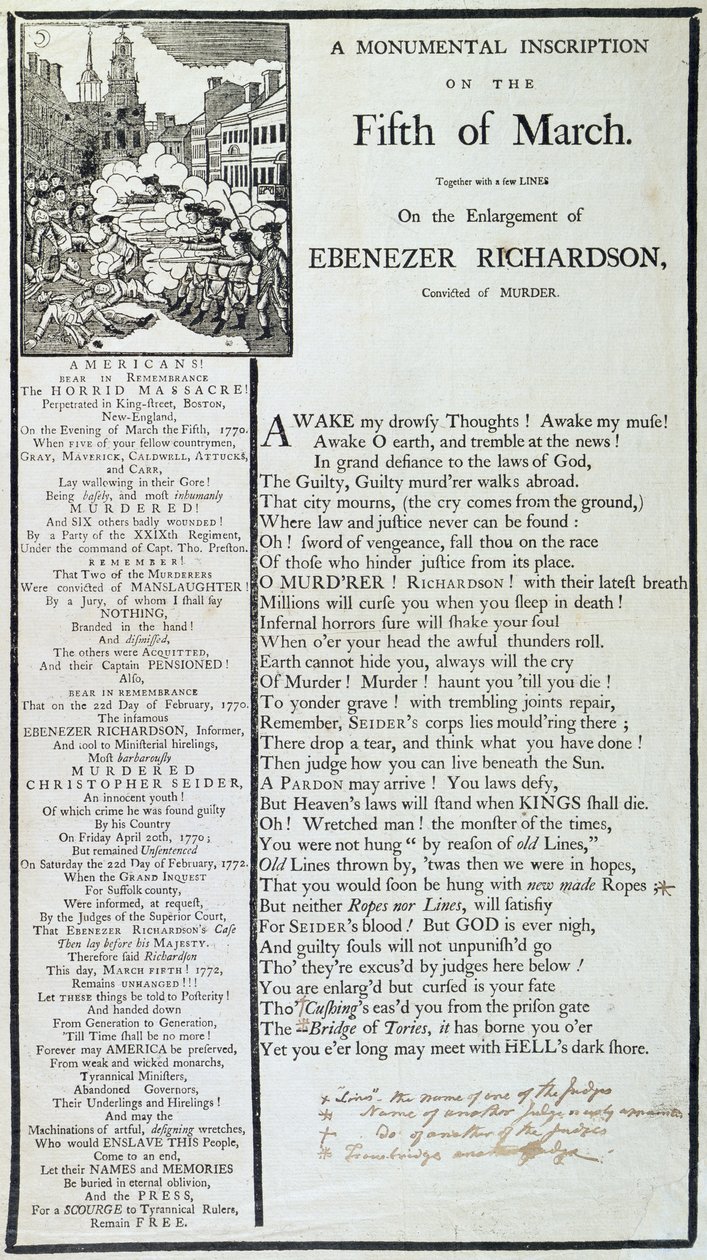 Una inscripción monumental el cinco de marzo, 1772 de American School
