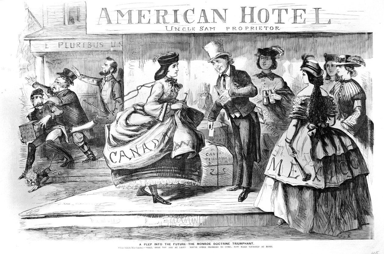 Una Mirada al Futuro - la Doctrina Monroe Triunfante, caricatura de Frank Leslies Budget of Fun, noviembre de 1863 de American School