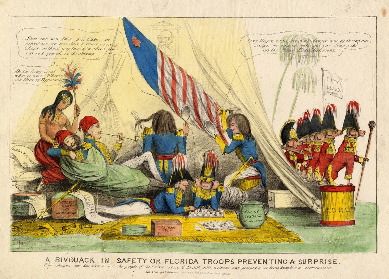 Un vivac en seguridad, o, Tropas de Florida previniendo una sorpresa, publicado por H R Robinson, Nueva York, c.1839 de American School