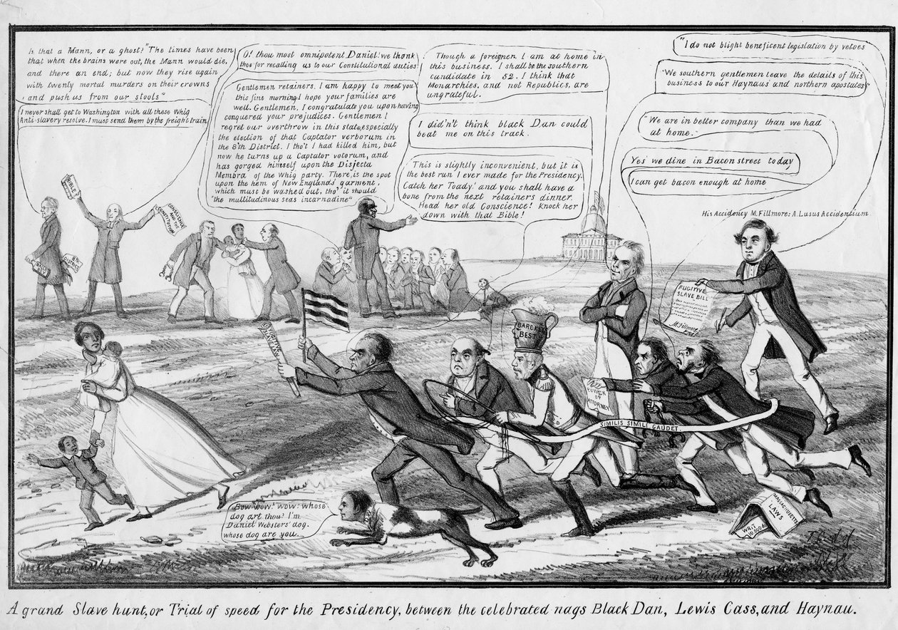Una gran caza de esclavos, o, Prueba de velocidad para la presidencia, entre los famosos caballos Black Dan, Lewis Cass y Haynau, publicado por T.C., Nueva York, c.1852 de American School