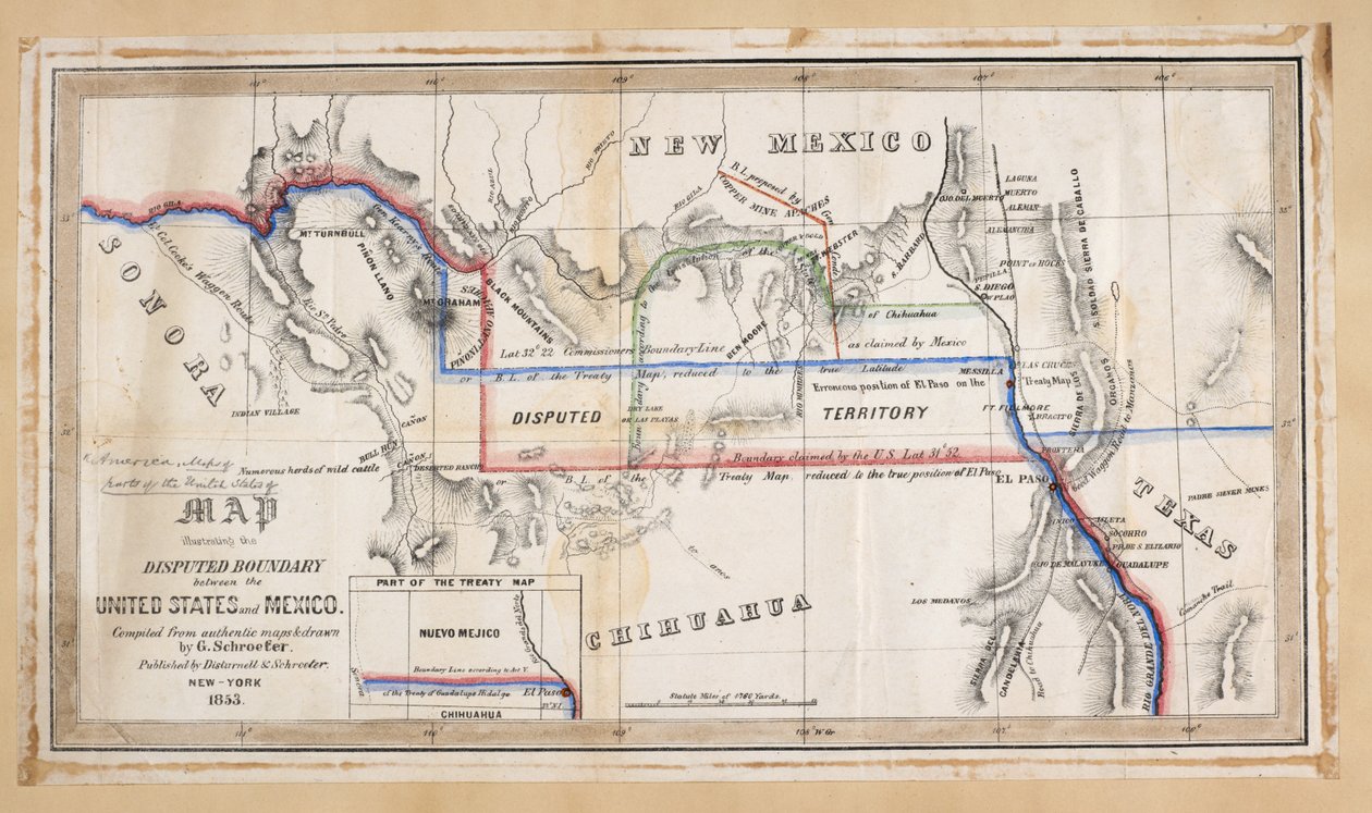 Un mapa que ilustra el límite en disputa entre Estados Unidos y México de American School